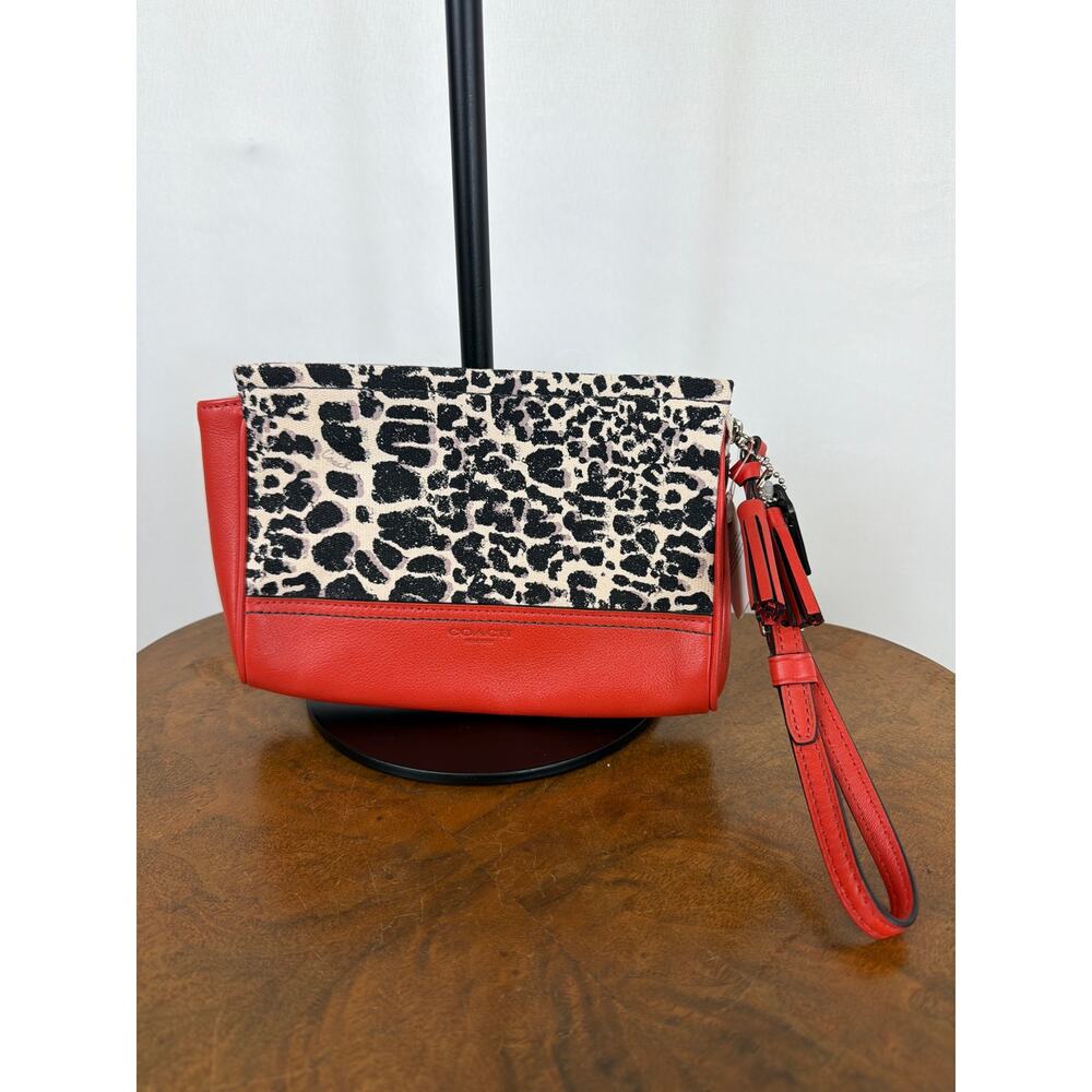 Coach Rory 19988 Leopard Print Handbag Red Leather Trim Clutch Wristlet Bundle - Picture 2 of 16